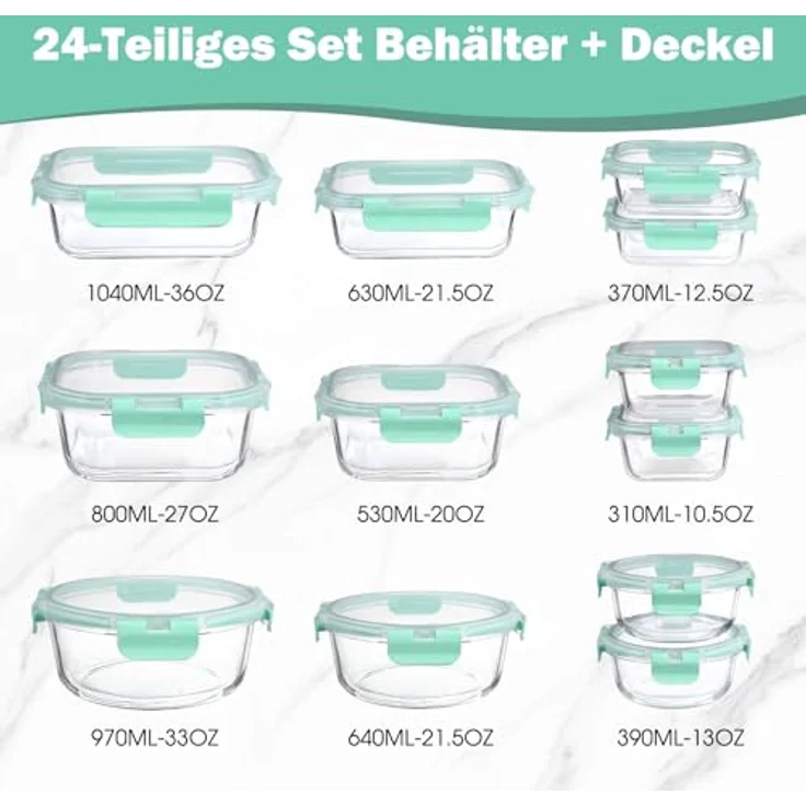 YASHE 12-teiliges Glasbehälter-Set, stapelbar & luftdicht, ideal für Meal Prep, aus Borosilikatglas, BPA-frei, grün – Bild 2