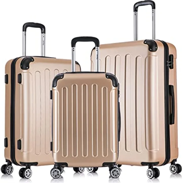 Flexot® F-2045 Koffer, 3tlg Kofferset (Gold) Zwillingsrollen Hartschale, Handgepäck& Trolleys