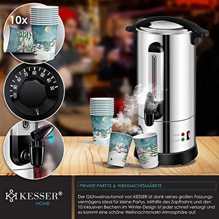 KESSER® Glühweinkessel 10L Edelstahl Inkl. 10x Becher Glühweinkocher mit Thermostat Glühweinautomat Heißgetränkeautomat Wasserkocher Heißwasserspender Einkochautomat Füllstandanzeige Zapfhahn – Bild 4
