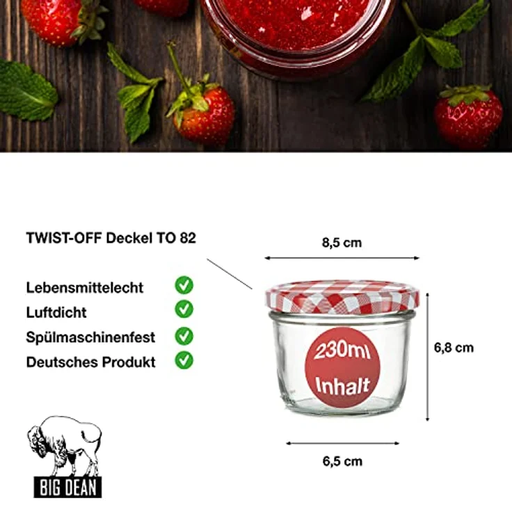 Thats Shopping 12x Einmachgläser 230 ml für Pasteurisierung TO 82 Marmelade – Bild 3
