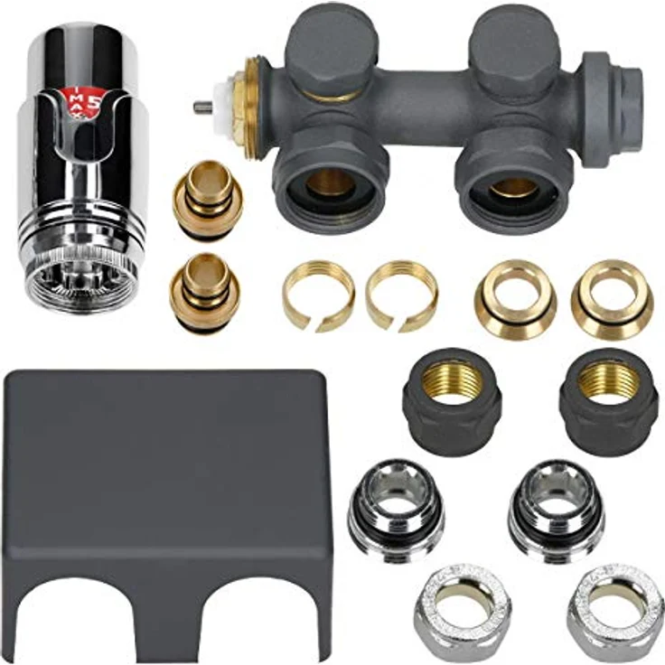 LuxeBath Ventil-Armaturen Set Multiblock Anthrazit Universal Eck- und Durchgangsform inkl. Thermostatkopf - Heizkörper Anschlussgarnitur mit Thermostat – Bild 4