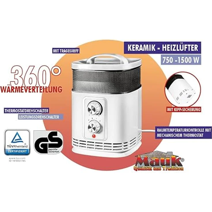 MAUK® PTC Keramik Heizlüfter | 1500 W 3 Stufen Thermostat | Elektro Heizung für Camping & Bad | energiesparend & leise, Weiß – Bild 2