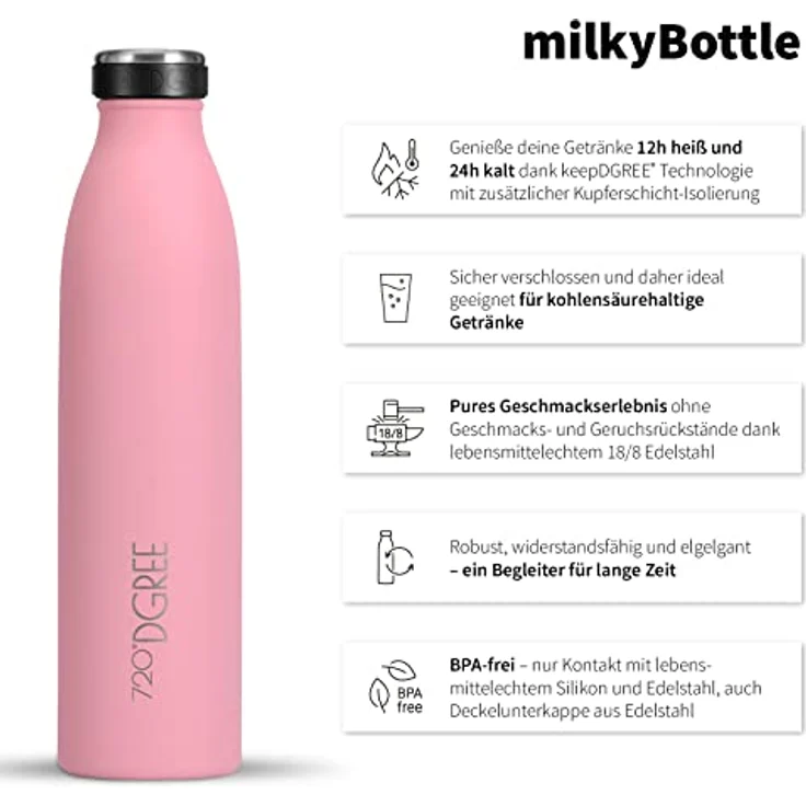 720°DGREE Edelstahl Trinkflasche “milkyBottle” - 1L - BPA-frei, Auslaufsicher, kohlensäuregeeignet, Thermosflasche für Sport, Uni, Outdoor – Bild 2
