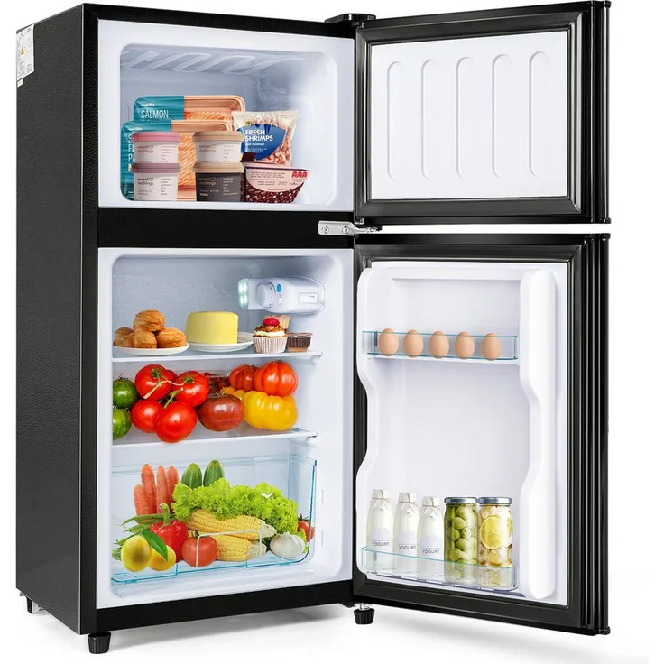 Merax BCD-86A, Table Top Kühlschrank mit Gefrierfach, 60 L, LED-Beleuchtung, Doppeltür, 87 cm hoch, 42 cm breit, freistehend, schwarz