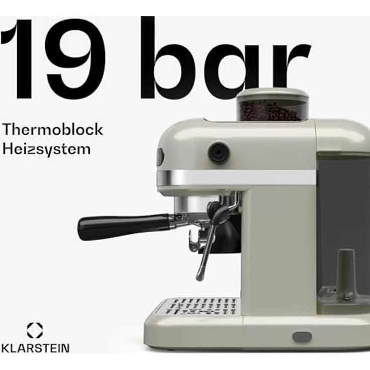 Klarstein Bella Café Siebträgermaschine Mit Mahlwerk – 19 Bar, 1550 W, 1,4 L, Milchaufschäumer, 2 Tassen, Thermo Block, Creme, Rostfreier Stahl – Bild 3