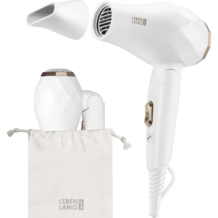 LEBENLANG Reisefön klappbar klein - Duale Spannung & Inkl. Reisetasche mit Stylingdüse - Weiß Gold - Eco Power 1000W - Leicht & Kompakt - 2 Leistungsstufen - Haartrockner für Reisen und Zuhause – Bild 1