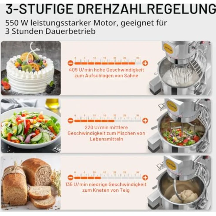 VEVOR Kommerzieller Küchenmixer B15B, 14 l Standmixer mit 3 Geschwindigkeiten, 550 W, Edelstahl-Schüssel und 3 Aufsätzen, funkeln Silber – Bild 3