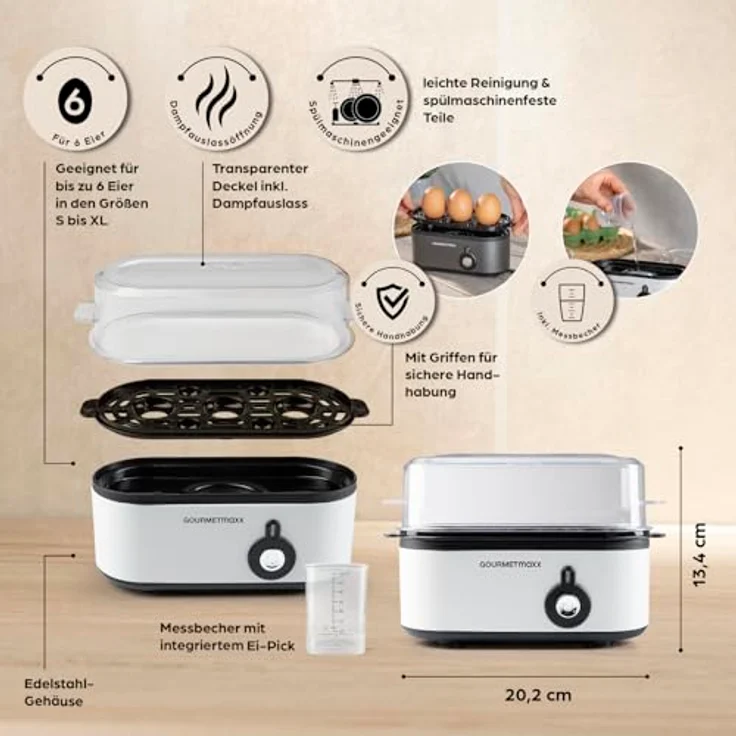GOURMETmaxx Eierkocher für 3 Eier, kompakter Egg Boiler mit Eierstecher und 3 Härtegraden, spülmaschinenfeste Teile, ideal für Zuhause & unterwegs, Weiß – Bild 4