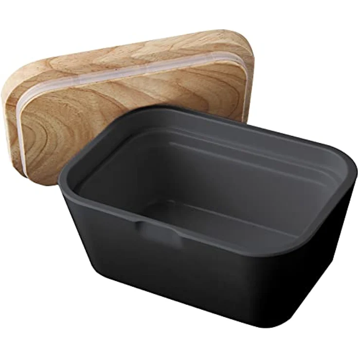 BRUNNER Butterdose, Melamin-/Mineralgemisch, bruchsicher mit Holzdeckel und Anti-Slip-Boden, BPA-frei, spülmaschinenfest, eckig – Bild 1