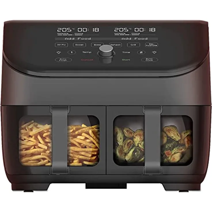 Instant Vortex Plus Doppelkorb mit ClearCook - 7.6L Digitale Heißluftfritteuse, Schwarz, 8-in-1 Smarte Programme - Fritieren, Backen,Braten, Grillen, Dehydrieren, Aufwärmen, XL Kapazität -1700W
