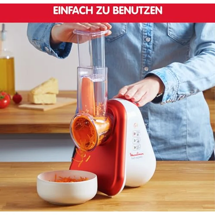 Moulinex DJ7535 Fresh Express 3-in-1, 150W, Akku-Reibe, 3 Trommmelsätze, Kunststoff, rot, weiß – Bild 4