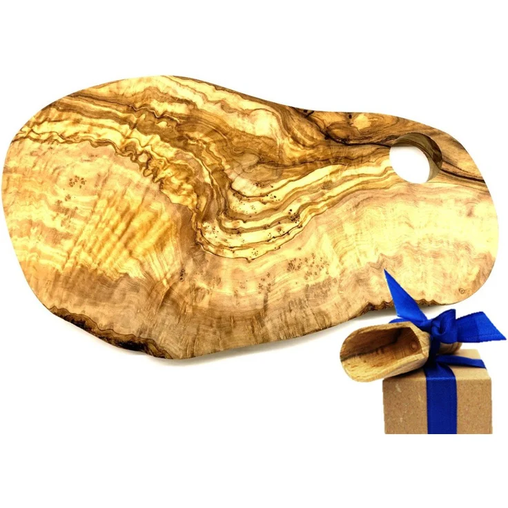 Olivenholz-erleben Frühstücksbrett Vesperbrett mit Eierhalter, Massivholz 30-34 cm, Set 2 Stück mit Überraschung