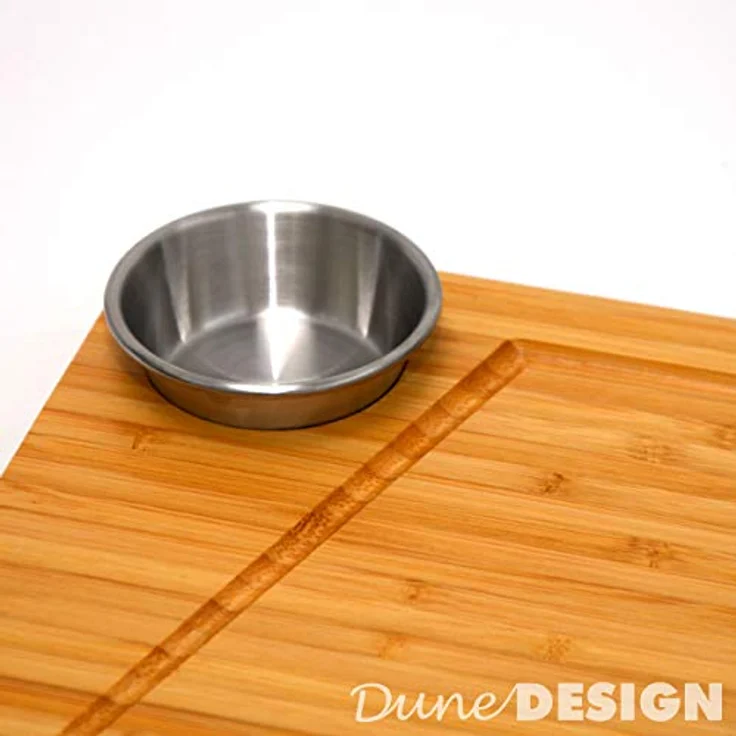 Dunedesign Steakbrett, beige, rechteckig aus 100% Bio-Bambusholz, 25x30 cm mit Saftrille und 2 Edelstahl-Dip-Schalen – Bild 7
