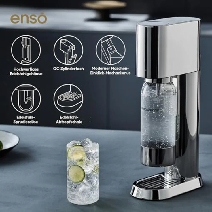 SodaStream® enso™ Premium Wassersprudler | Edelstahl-Design von Naoto Fukasawa | inkl. 1 L BPA-freie Flasche & Reinigungstuch | Einfaches CO2-Wechsel-System, Silber – Bild 3