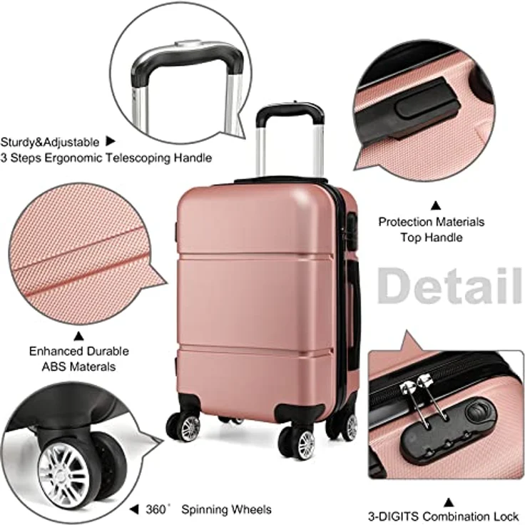 KONO Reisekoffer Trolley 55x38x22cm, Hartschale Handgepäck mit Rollen, 33 Liter, leicht, ABS, Rosa Gold – Bild 3