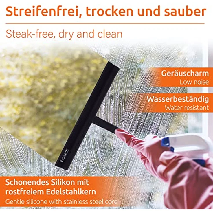 ECENCE Duschabzieher Silikon, Duschabwischer mit Aufhängung und Mikrofasertuch Schwarz 21cm Edelstahl Duschkabinenabzieher Fensterwischer Scheibenabzieher Glasabzieher ohne Bohren – Bild 2