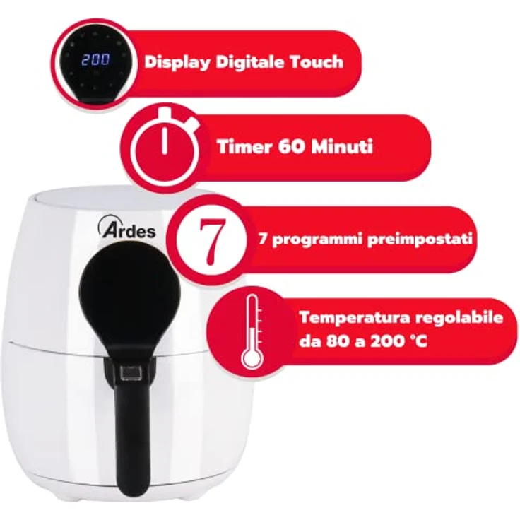 ARDES - ARAMFRY34 Heißluftfritteuse Fassungsvermögen 5 Liter Air Fryer Klein mit Touchscreen-Digitalanzeige und Timer 60 Minuten Technologie Rapid Air Modell Friggisaba Maxi – Bild 3