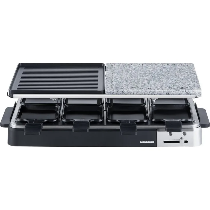 MELISSA Raclette 16300027, 8 Raclettepfännchen, 1300,00 W, Grill für 8 Pers. mit Steinplatte, Antihaft & Temperaturkontrolle, Schwarz