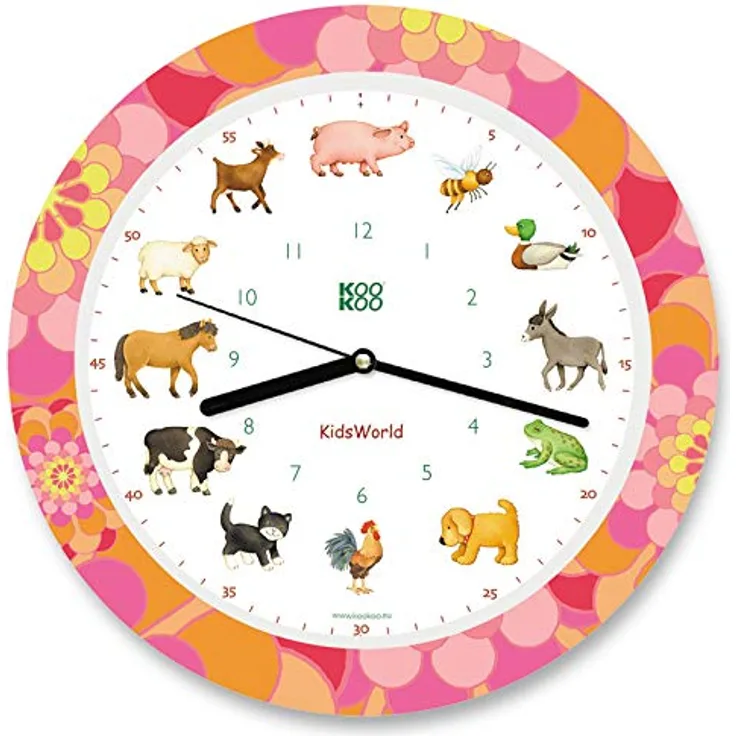 KOOKOO KidsWorld Sunny Flower, Bauernhofuhr mit 12 echten Tierstimmen vom Land, Quarzwerk, Mehrfarbig, 34cm