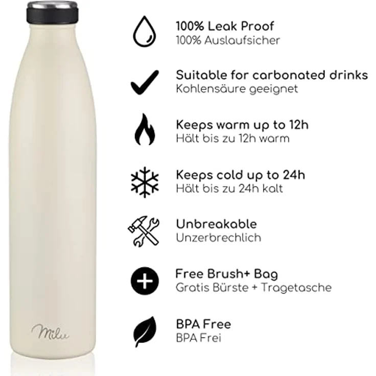 Milu Edelstahl Trinkflasche 1L, doppelwandig isolierte Wasserflasche in Buttercream, auslaufsicher und kohlensäuregeeignet – inkl. Reinigungsbürste – Bild 2