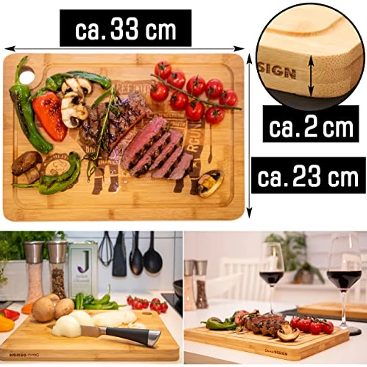 DuneDesign 2x Steakteller Holz Bambus Massiv 33x23cm - 2cm dicke Grill Servierplatte - Steak Brett Burger Tablett Steak Zubehör Teller Set - Grill Zubehör Steak Teller Holzbrett Küche Gastro Zubehör – Bild 3