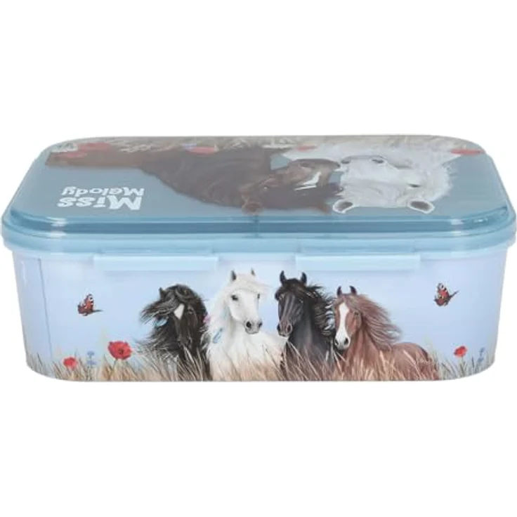 Depesche 13398 Miss Melody Dusty Rose, Lunchbox in Hellblau mit Pferde Motiv und Mohnblumen, 3 Fächer und transparenter Deckel – Bild 5