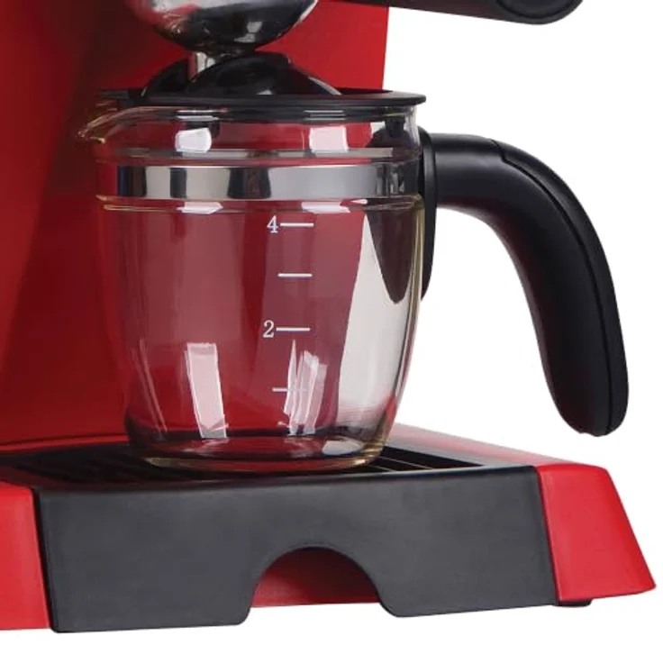 Heinner HEM-200RD, Espressomaschine mit 800 W, 0,25 l Wassertank, Edelstahlfilter und Glaskanne, Rot – Bild 4
