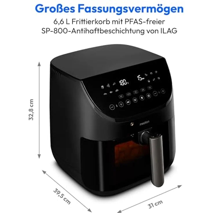 MEDION X20 XL Heißluftfritteuse, 6,6 Liter, 1.700 Watt, 5 Fleischprogramme mit Temperaturfühler, ILAG PFAS-frei, 10 Programme – Bild 2