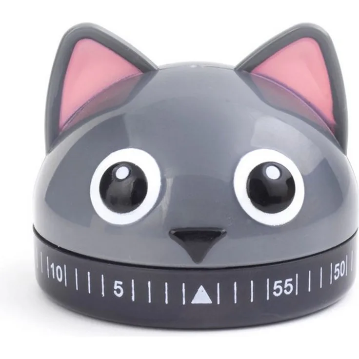 Kikkerland Eieruhr Katze, lustiger Küchentimer in Katzenkopf-Form, grau mit rosa Ohrmuscheln