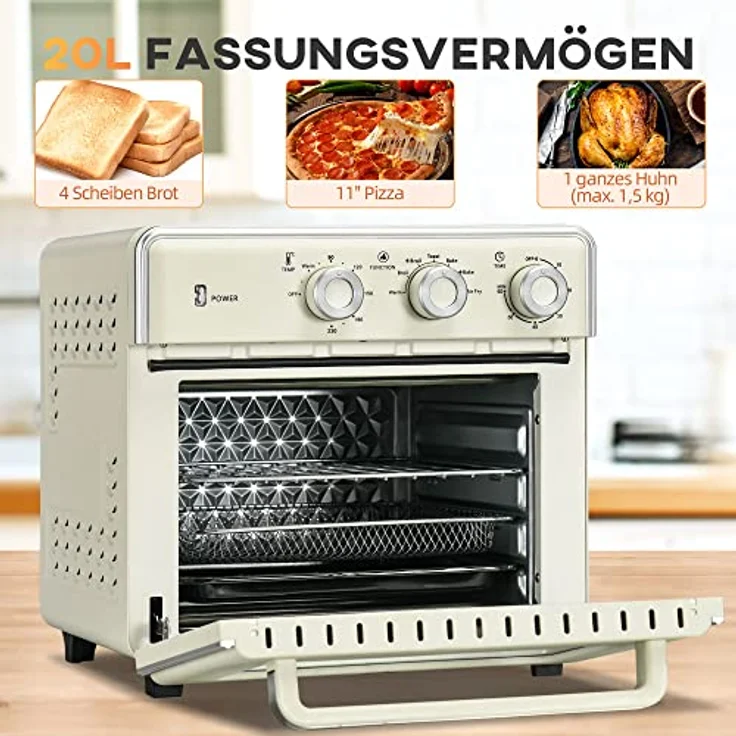 HOMCOM Minibackofen 20L, 5 in 1 Pizza-Ofen inkl. Backblech Set, Frittierkorb, Krümelblech, 1 Std. Timer, 90-230℃, 1400 W Elektrischer Mini Ofen mit Umluft, Cremeweiß – Bild 4