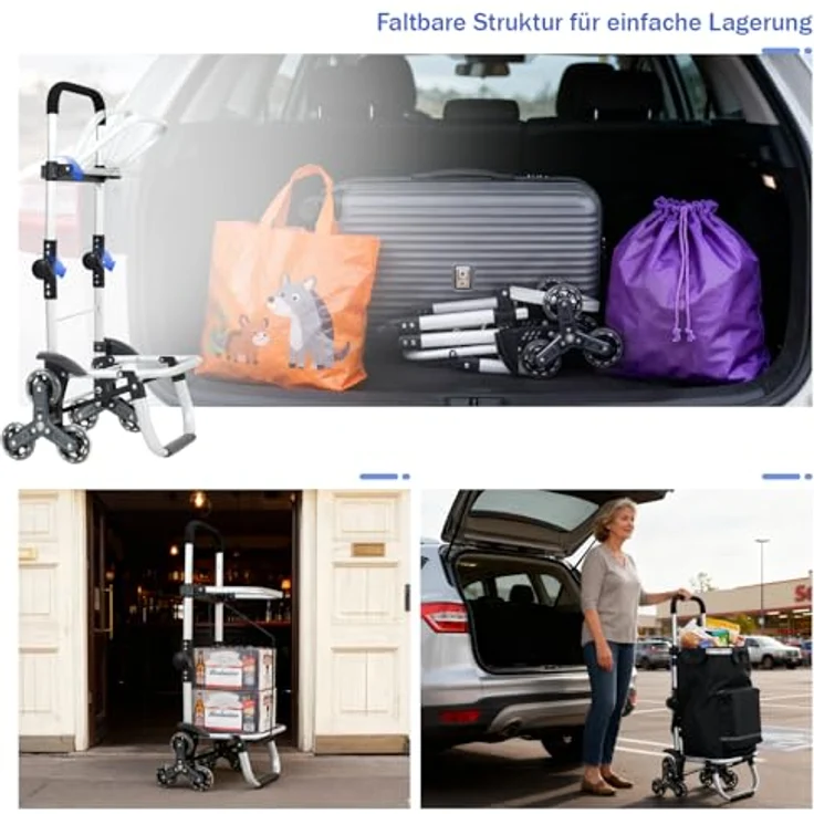 Sekey XXL Einkaufstrolley Treppensteiger mit 3 Rädern, 3-in-1 Aluminium Trolley mit höhenverstellbarem Griff, inkl. Kühlfach und Getränkefach, Schwarz – Bild 2