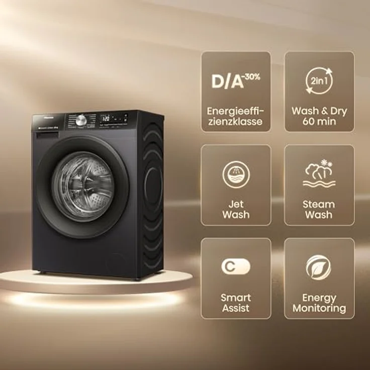 Hisense WD3S8043BB3 Waschtrockner mit 16 Programmen, 8 kg Nutzlast, Dampffunktion, Eco Wash und Anti-Allergie Programm, EEK A-D – Bild 3