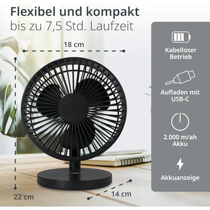 ADE USB Tischventilator, sehr leise mit 3 Stufen, Akku bis 7,5 h, 2.000 mAh, 90° Neigungswinkel, anthrazit – Bild 4