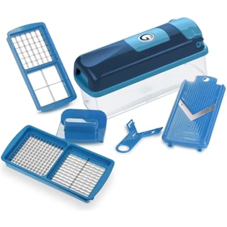 Genius Nicer Dicer Smart Gemüseschneider 6 tlg. mit 800 ML Behälter, manuell, blau, Edelstahlklingen für präzises Reiben und Würfeln – Bild 1