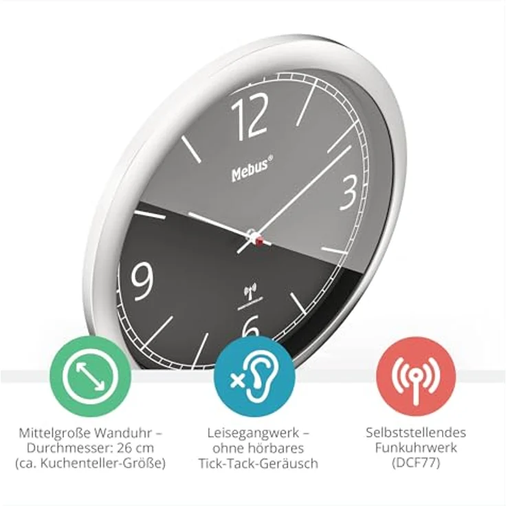 Mebus Funk-Wanduhr, 26 cm, lautlos, klares Design, silberner Rahmen, schwarzes Zifferblatt, Modell 19813 - Modern und präzise – Bild 2