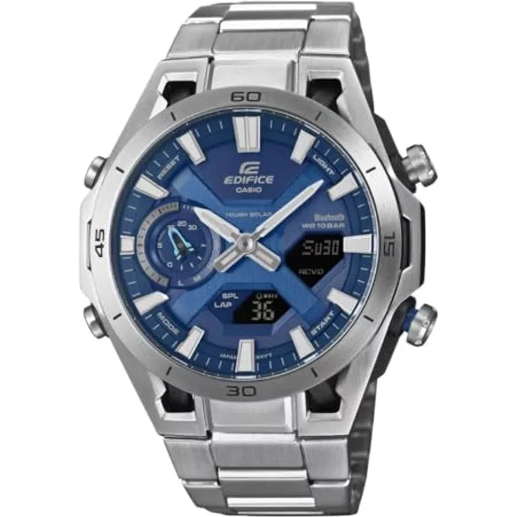 Casio ECB-2300D-2AEF Multifunktionsuhr für Herren, Solarbetrieben mit Bluetooth, schwarzes Edelstahlarmband, wasserfest bis 10 bar, Analog-Digital-Display
