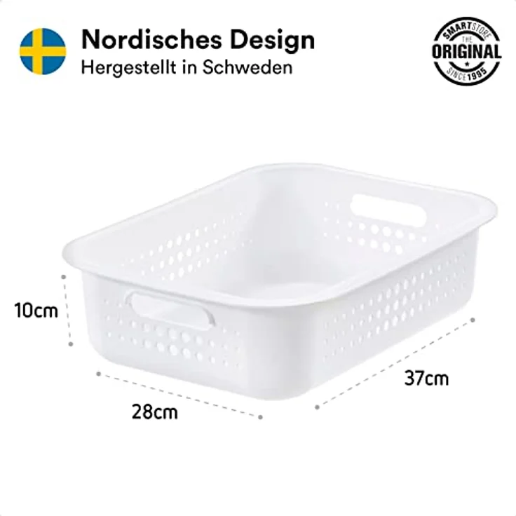 SmartStore 6L Aufbewahrungskorb aus recyceltem Plastik, stapelbar, mit Griffen, Weiß, L37 x B28 x H10 cm, BPA-frei, 10 Jahre Garantie – Bild 3