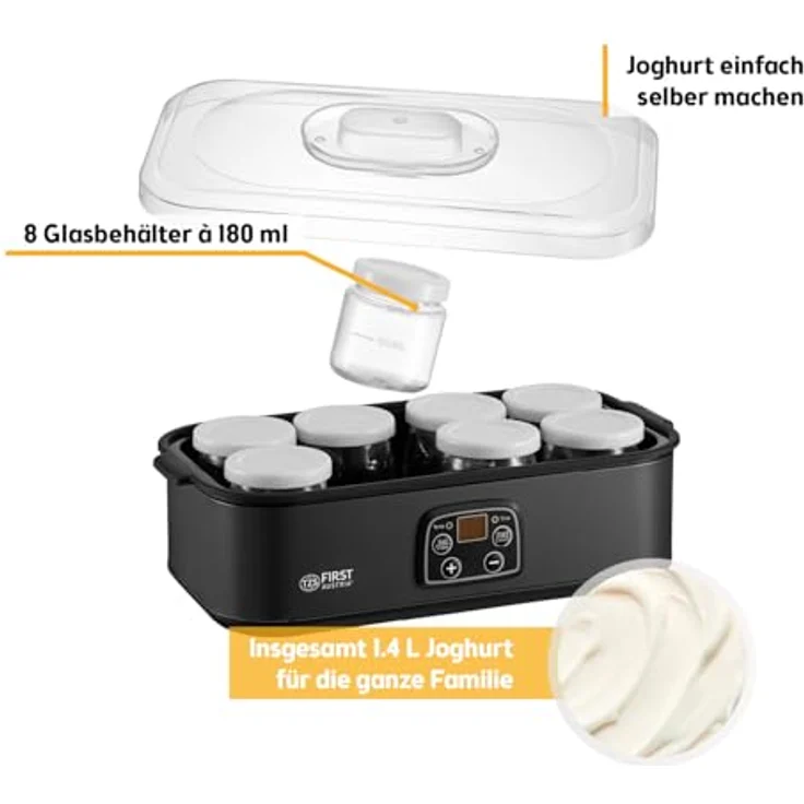 TZS FIRST AUSTRIA Joghurtbereiter, 8 Glasbehälter à 180 ml, LED-Display, Temperaturregelung 20–55 °C, 48h-Timer, Abschaltautomatik – Bild 3