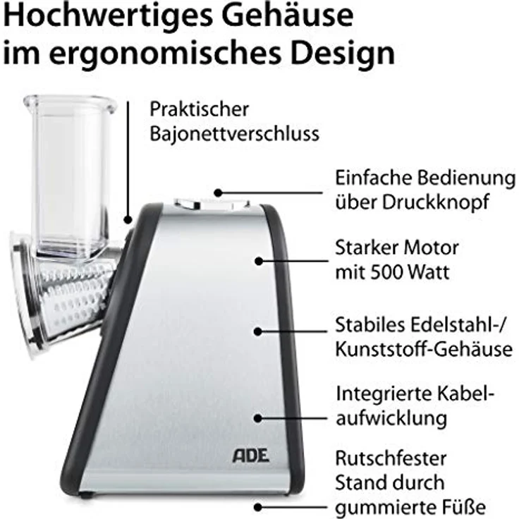 ADE Gemüsereibe Elektrische Reibe (500 Watt Leistung, Gehäuse aus Edelstahl, extrascharfe Klingen), Inoxidable, silber – Bild 2