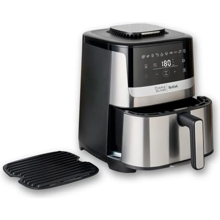 Tefal Jamie Oliver Easy Fry Silence Deluxe Heißluftfritteuse, 5 l, digitaler Touchscreen, 10 Programme, schwarz/Edelstahl, inkl. Druckguss-Gitterrost + Deckel – Bild 1