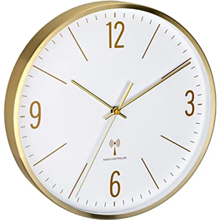 TFA Dostmann Analoge Funk-Wanduhr, 60.3534.55, 30cm, Goldener Metallrahmen, leises Uhrwerk, modernes Design, mit Glas-Abdeckung, Gold – Bild 1