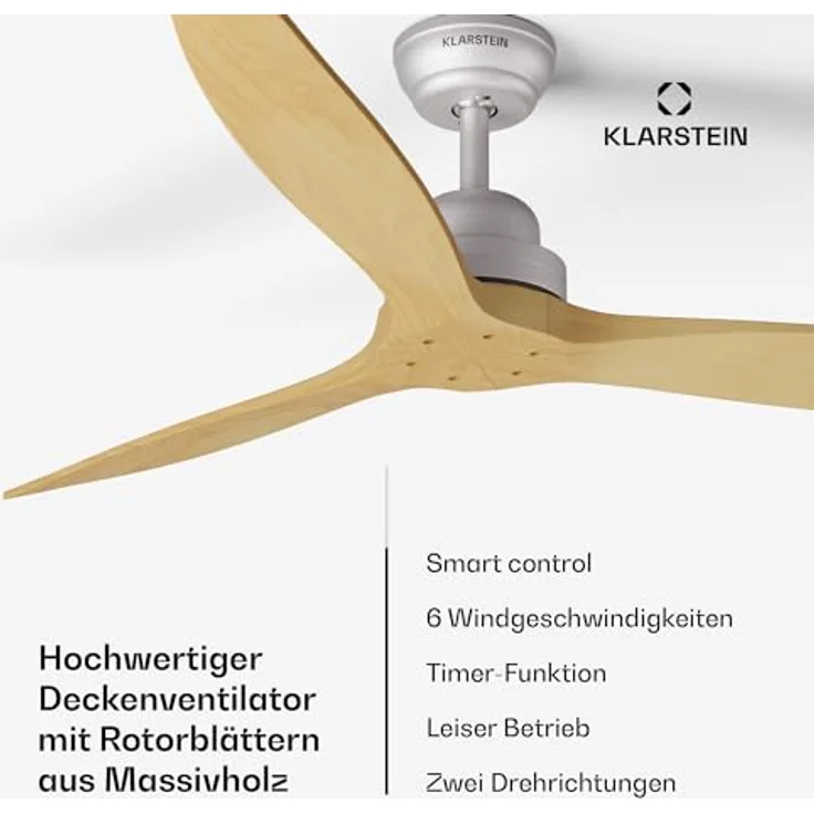 Klarstein Santa Elena Deckenventilator, 132 cm, 6 Geschwindigkeiten, leise, Echtholzflügel, Sommer- & Wintermodus, Smart App & Fernbedienung, Ahorn – Bild 2