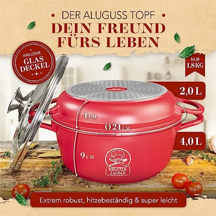 KRUSTENZAUBER 24cm Aluguss Bräter mit Deckel backofengeeignet [inkl. Glasdeckel] - 4L Aluminium Schmortopf & Bratpfanne - Idealer Bräter Induktion, Schmorpfanne, Bratentopf, Gussbräter, Kasserolle - Modernes Kocherlebnis in Schwarz – Bild 3