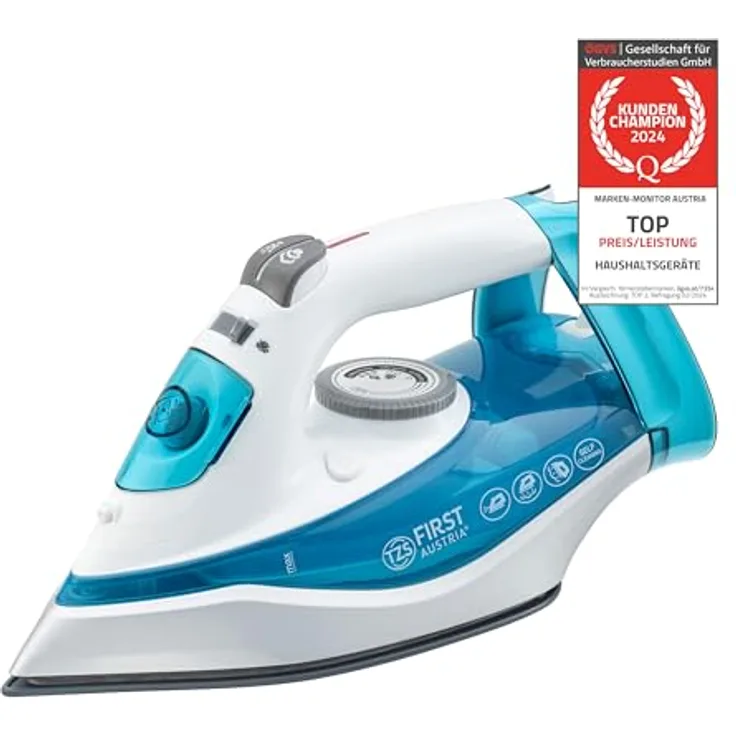 TZS First Austria Dampfbügeleisen 2290-2720W Keramiksohle Selbstreinigung Vertikaldampf Anti-Kalk Trockenbügeln 0,3l Wassertank 1.2 kg blau - Preisvergleich