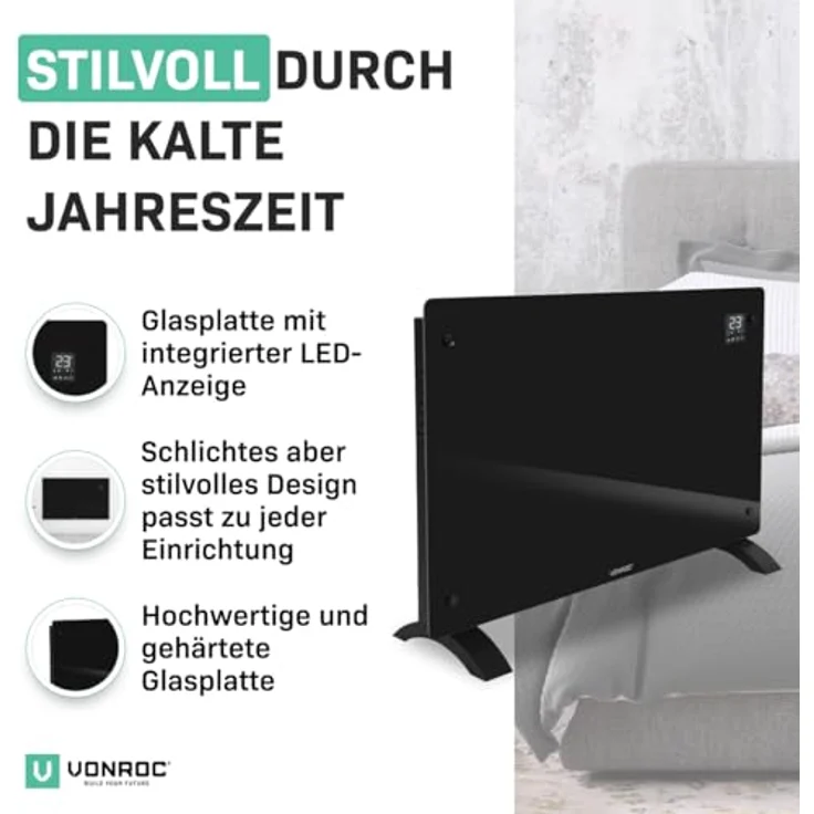 VONROC Elektroheizung, Konvektor-Heizung - Energiesparende elektrische Heizung bis 24m2 - 2 Stufen 1000W & 2000W, Manuelle/App Steuerung - Schwarz – Bild 2