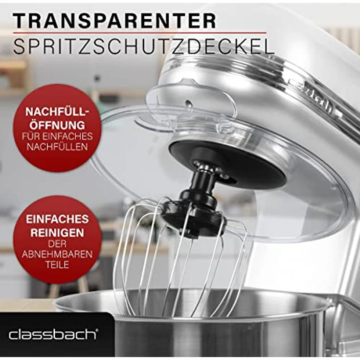 Classbach C-KM 4004 W Food Processor Set with Digital Kitchen Scales 1200 Watt Motor with 6 Speeds Quiet Mixing Machine 5 Litre Bowl Including 3 Attachments and Splash Guard – Bild 5