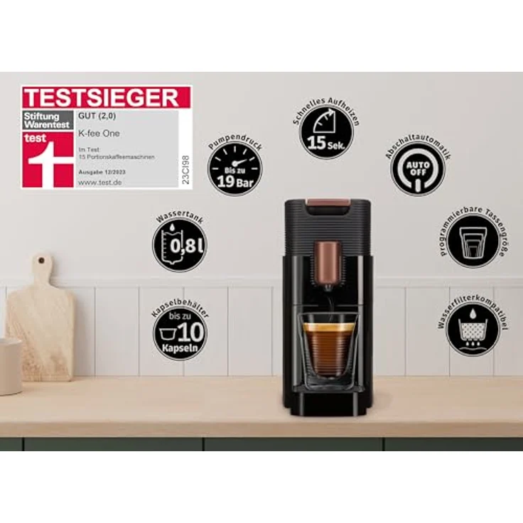 K-fee One Kaffeekapselmaschine, (1455 Watt, 0,8 Liter Wassertank, Farbe Schwarz-Kupfer) – Bild 3