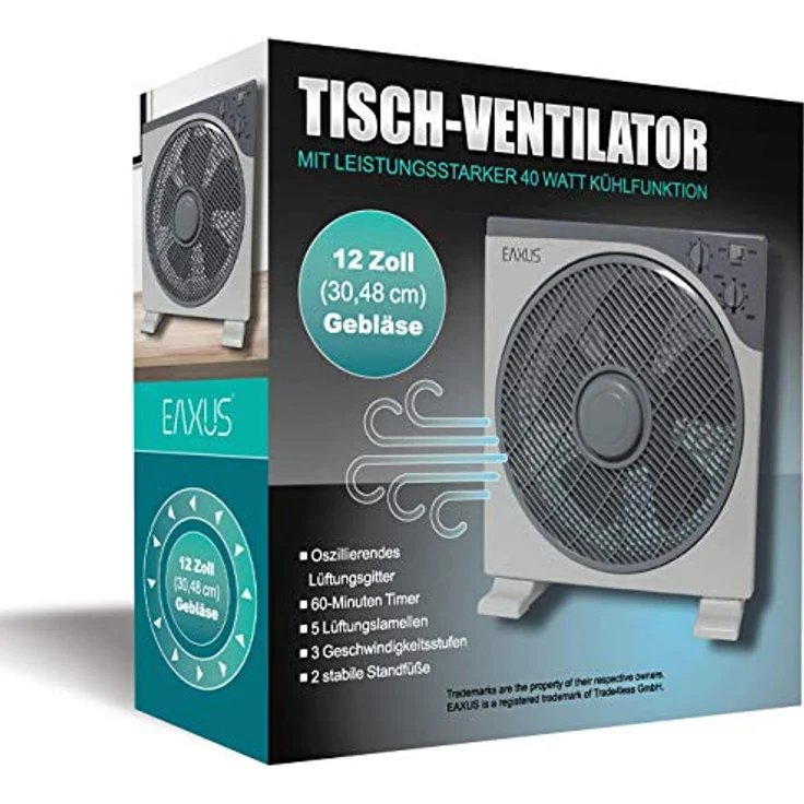 EAXUS Tischventilator Boxventilator - Kraftvoller 40W Fan für Tisch & Boden, Grau, mit Timer, Oszillationsfunktion, 3 Geschwindigkeitsstufen – Bild 9