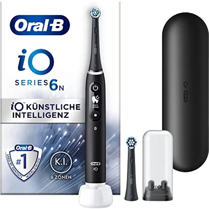 Oral-B iO Series 6 Elektrische Zahnbürste/Electric Toothbrush, 2 Aufsteckbürsten, 5 Putzmodi für Zahnpflege, Magnet-Technologie, Display & Reiseetui, Geschenk Mann/Frau, Designed by Braun, black lava