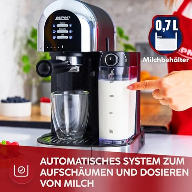 MPM MKW-14M Kaffeevollautomat mit 1470W Leistung, 15-Bar-Druckpumpe und integriertem Milchaufschäumer, Schwarz – Bild 5